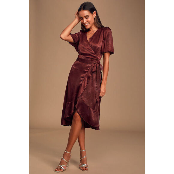 Lulus Dresses & Skirts - Lulus Wrapped Up In Love Burgundy Satin Faux-wrap Midi Dress Red - Size XS